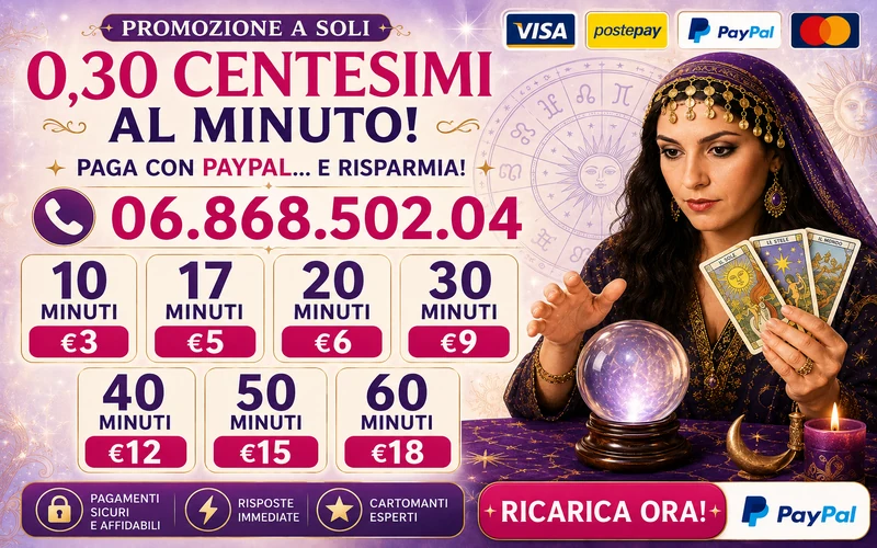 Cartomanzia al telefono a soli 0,30 euro al minuto con offerte da 10 a 60 minuti e pagamento PayPal sicuro
